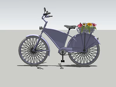 Vintage Gray Bicycle With Front Basket Filled With Colorful Flowers And Spoked Wheels 3d model