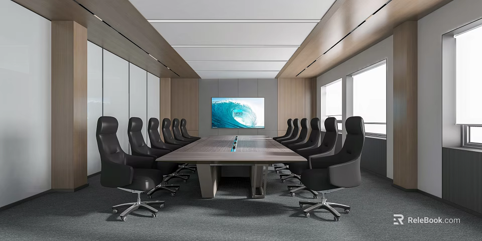 Modern Conference Room Interior With Long Table Black Chairs And Large Screen 3d model 