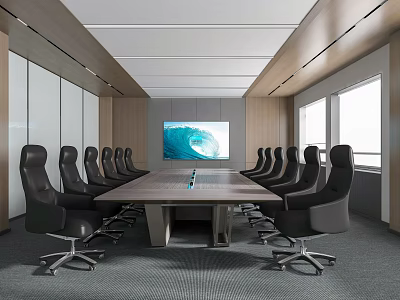 Modern Conference Room Interior With Long Table Black Chairs And Large Screen 3d model