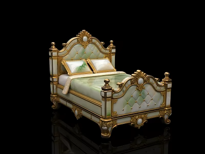 Luxurious Classic Single Bed with Gold Ornate Carvings White Frame Green Quilt and Pillows 3d model