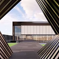 Modern Entrance Gate Design With Stone Wall Metal Canopy And High Rise Building