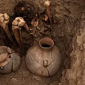 Ancient Archaeological Excavation Site With Earthen Structure Pottery Jars And Skeletal Remains