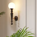 Elegant Black Wall Lamp With White Globe Shade Mounted On Beige Wall And Green Plants