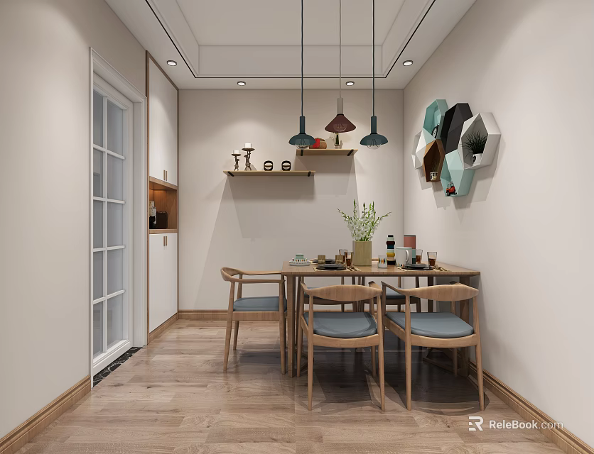 Modern Restaurant Interior With Wooden Dining Table Chairs Hanging Lights And Geometric Wall Decor 3d model 