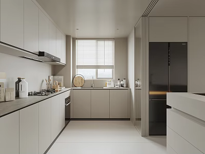 Modern Kitchen Interior Design Featuring Light Colored Cabinets Black Countertops Black Refrigerator And Window Blinds 3d model