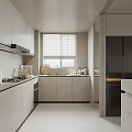Modern Kitchen Interior Design Featuring Light Colored Cabinets Black Countertops Black Refrigerator And Window Blinds
