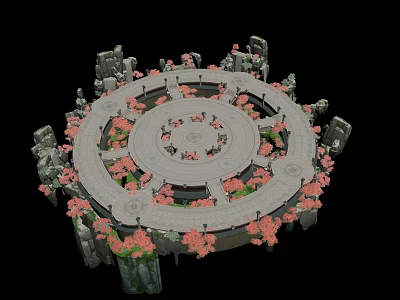 Ancient Architecture Circular Stone Platform with Intricate Stone Carvings and Pink Flowers around Concentric Patterns 3d model