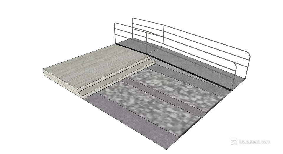 Outdoor Wooden Platform With Metal Railing And Gray Textured Paved Ground 3d model 