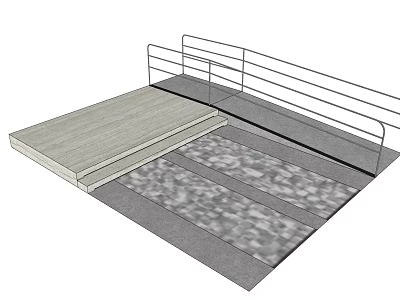 Outdoor Wooden Platform With Metal Railing And Gray Textured Paved Ground 3d model