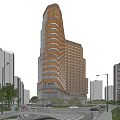 Modern Spiral Exterior Office Building With Glass Curtain Wall In Urban Setting With Palm Trees