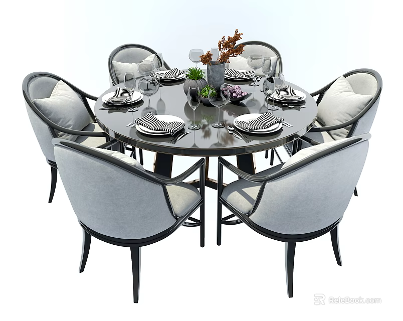 Round Dining Table Set With Six Chairs And Decorative Centerpiece Tableware Wine Glasses 3d model