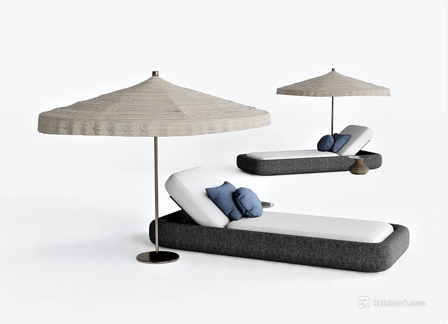 Stylish Outdoor Lounge Chairs With Beige Umbrella And Blue Pillows 3d model 