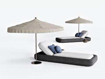 Stylish Outdoor Lounge Chairs With Beige Umbrella And Blue Pillows 3d model