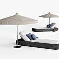 Stylish Outdoor Lounge Chairs With Beige Umbrella And Blue Pillows