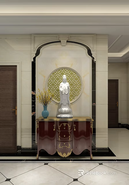Elegant Entryway Side Cabinet With Red Finish Vase Flowers And Decorative Statue 3d model 