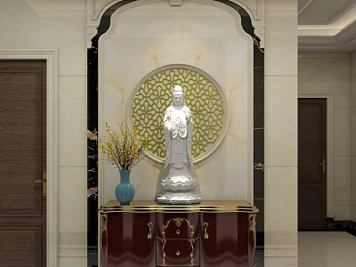 Elegant Entryway Side Cabinet With Red Finish Vase Flowers And Decorative Statue 3d model