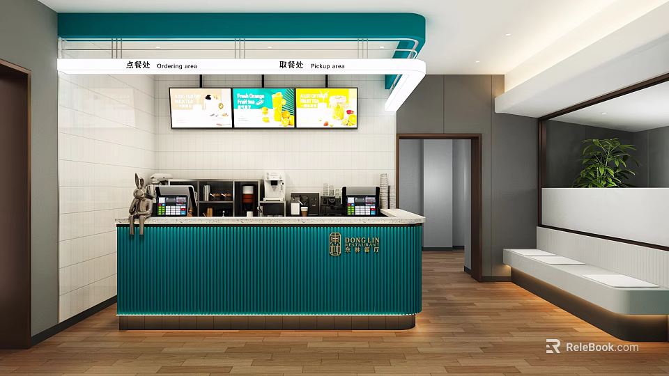 Modern Bubble Tea Shop Interior With Teal Bar Counter And Menu Screens 3d model 