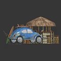 Wooden Hut Featuring Thatched Roof Surfboards Wooden Barrels Ship Wheel and Blue Car