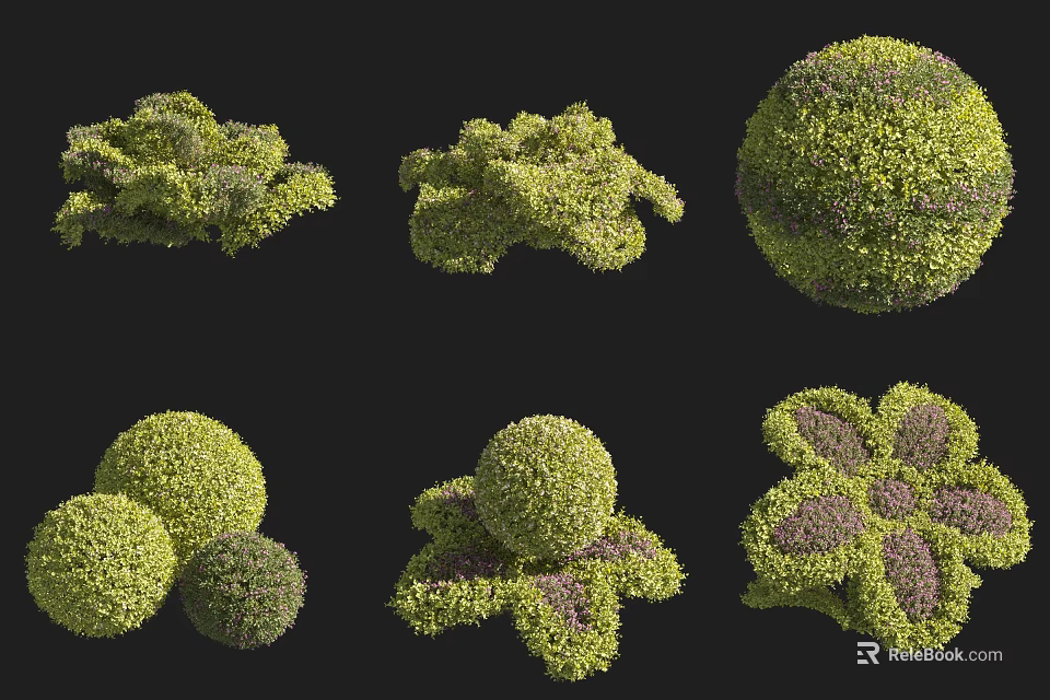 Various Shaped Green Shrubs With Purple Accents For Garden Landscape Design 3d model 