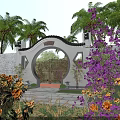 Traditional Chinese Garden Landscape With Moon Gate Palm Trees And Colorful Flowers