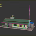 Small Building With Green Roof White Walls Windows Antenna And Sign