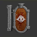 Vintage Red Wooden Decorative Shield With Silver Metal Frame And White Symbol