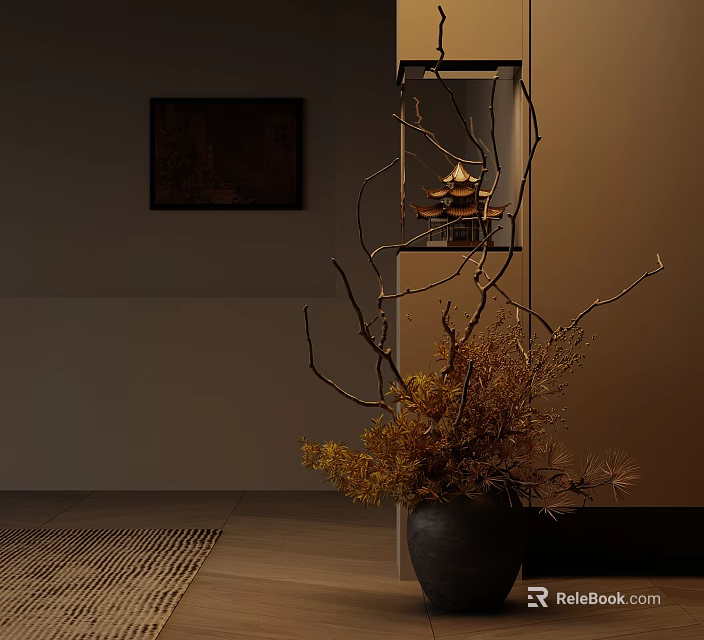 Interior Decor With Black Vase Dried Branches Yellow Plants Small Tower Model And Dark Painting 3d model 