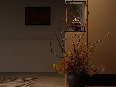 Interior Decor With Black Vase Dried Branches Yellow Plants Small Tower Model And Dark Painting 3d model