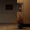 Interior Decor With Black Vase Dried Branches Yellow Plants Small Tower Model And Dark Painting