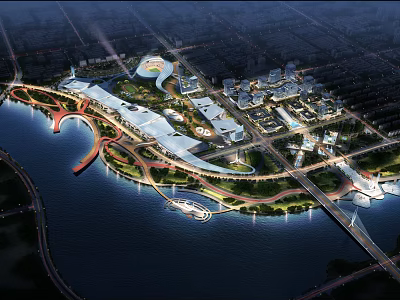 Aerial Planning of Waterfront Urban Area with Modern Buildings Green Spaces and Bridges 3d model