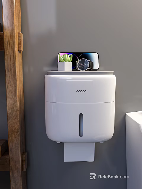White Ecoco Household Storage Organizer With Phone Plant Watch In Bathroom Interior With Wooden Accents 3d model 