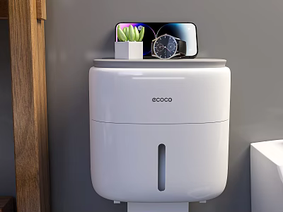 White Ecoco Household Storage Organizer With Phone Plant Watch In Bathroom Interior With Wooden Accents 3d model