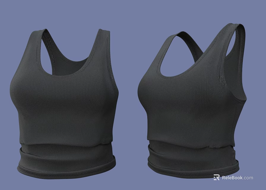 Black Ribbed Cropped Tank Tops with Sleeveless Design and Fitted Silhouette 3d model 
