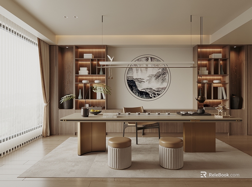 Traditional Chinese Tea Room Interior With Wooden Tea Table Bookshelves And Round Decorative Painting 3d model 