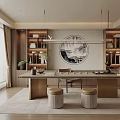 Traditional Chinese Tea Room Interior With Wooden Tea Table Bookshelves And Round Decorative Painting