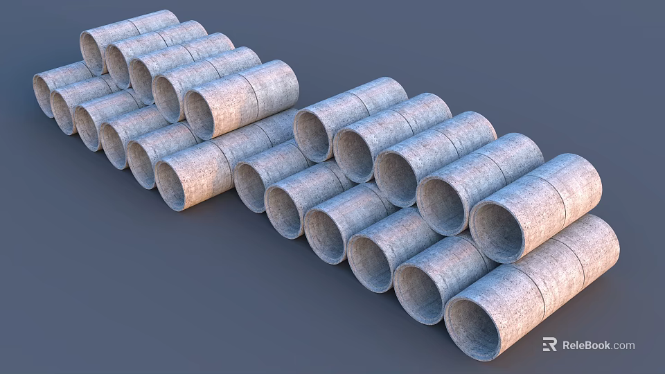 Multiple Gray Concrete Pipes Neatly Stacked As Construction Building Components 3d model 