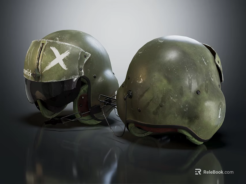 Two Worn Green Helmets With White Cross Marking On Dark Reflective Surface 3d model 