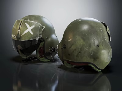 Two Worn Green Helmets With White Cross Marking On Dark Reflective Surface 3d model