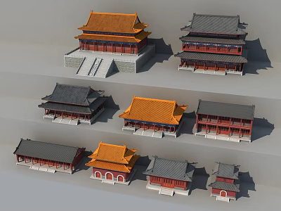 Ancient Chinese Architecture Models with Orange Gray Roofs Red Walls and Stone Steps 3d model