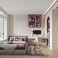 Purple Themed Kids Room Interior With Bed Desk Computer Shelves Window And Stuffed Toys