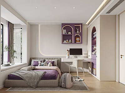 Purple Themed Kids Room Interior With Bed Desk Computer Shelves Window And Stuffed Toys 3d model
