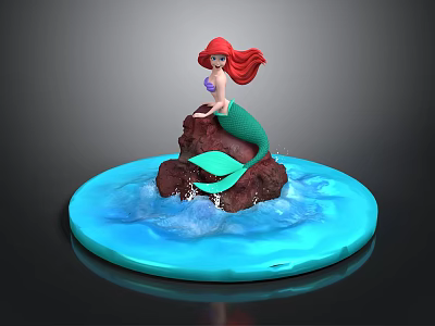 Little Mermaid Figurine Sitting On Rock With Red Hair Green Tail And Blue Water Waves 3d model