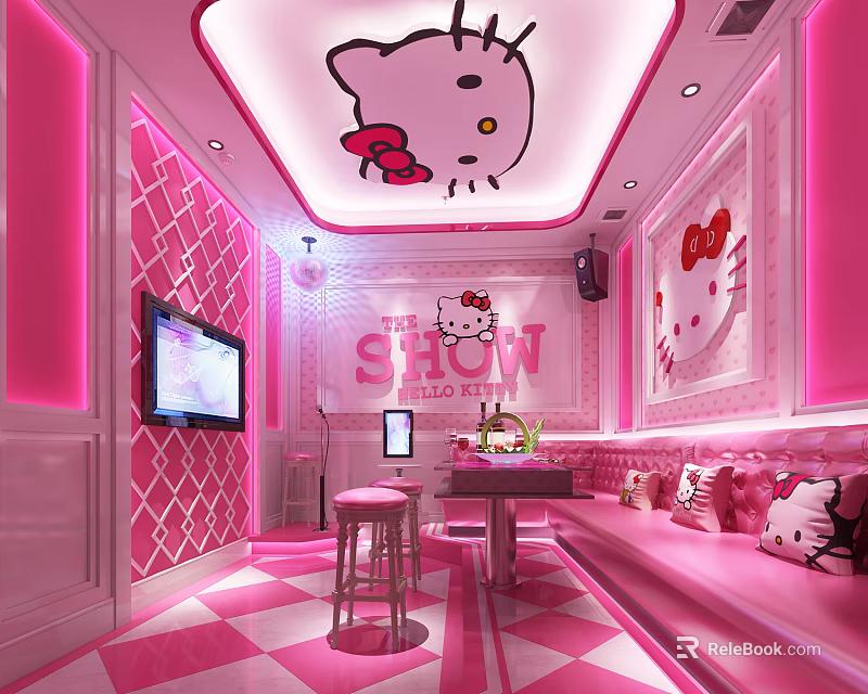 Hello Kitty Themed KTV Room With Pink Interior And Cute Decorations 3d model 
