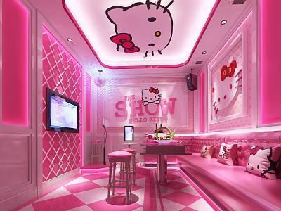 Hello Kitty Themed KTV Room With Pink Interior And Cute Decorations 3d model