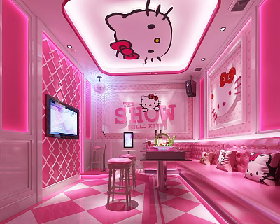 Hello Kitty Themed KTV Room With Pink Interior And Cute Decorations 3d model