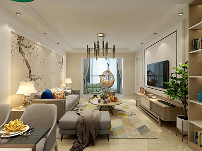 Elegant Modern Living Room Interior With Chandelier Sofa Coffee Table TV And Green Plant 3d model