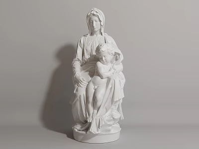 Classical Madonna and Child White Marble Sculpture With Seated Holding Drapery Carving Details 3d model