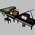Three Black Grand Pianos With Piano Stool And Music Sheets On White Background