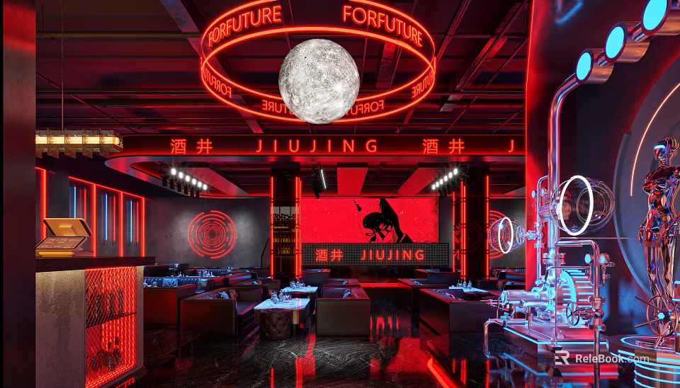 Industrial Style Bar Interior With Red Neon Lights And Moon Decor 3d model 