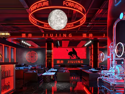 Industrial Style Bar Interior With Red Neon Lights And Moon Decor 3d model